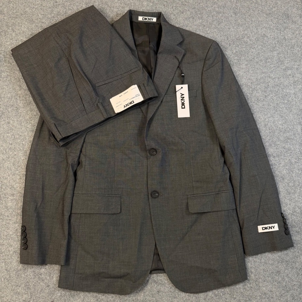 DKNY Duran Mens 2 Piece Suit 36R 29W Black White Micro Pattern DNUR218W0035 NEW